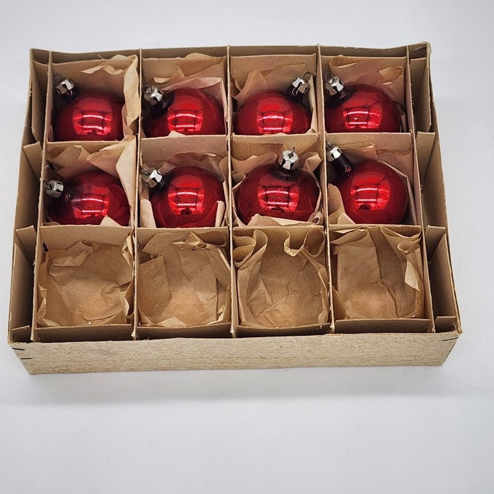 Set of 8 Vintage Mercury Glass Ball Christmas Ornaments Fantasia Poland Red